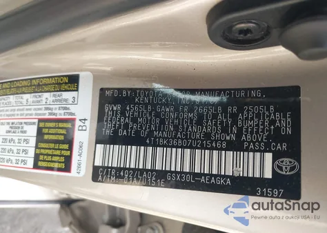 2007 Toyota Avalon Xls z USA, uszkodzony, nr VIN 4T1BK36B07U215468
